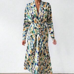 Allover Print Batwing Sleeve Ruched Asymmetrical Hem Dress